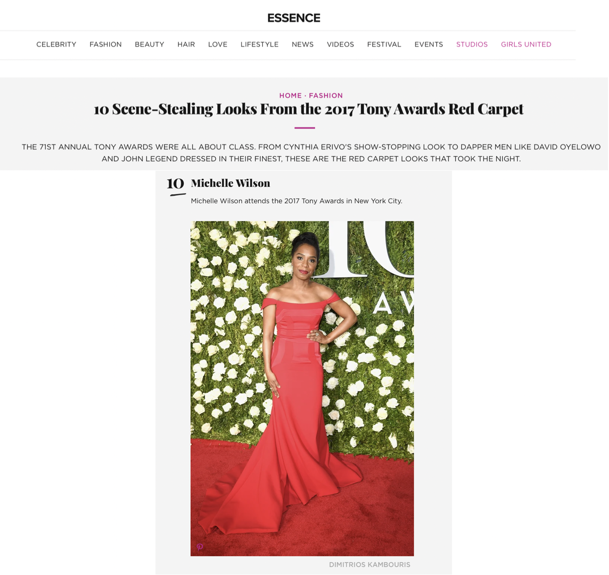 Essence — Scene Stealing Looks at the 2017 Tony Awards Red Carpet. Michelle Wilson in a red gown, styled by Chandra Moore.