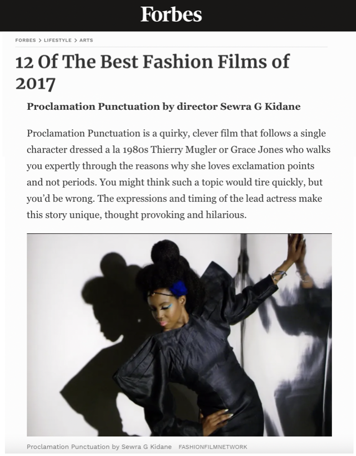 Forbes- 2017 Best of Fashion Films, actress Ayo Jackson wearing Haider Ackermann black dress in the film Proclamation Punctuation, styled by Chandra Moore..