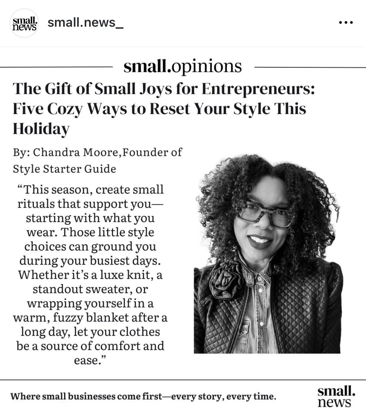Small.news opinion article by Chandra Moore — The Gift of Small Joys for Entrepreneurs: Five Cozy Ways to Reset Your Style This Holiday