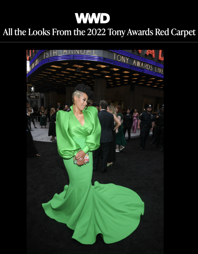 Dominique Morisseau in a custom Sergio Hudson green gown at the Tony Awards, outside Radio City Music Hall, styled by Chandra Moore. Featured in WWD.