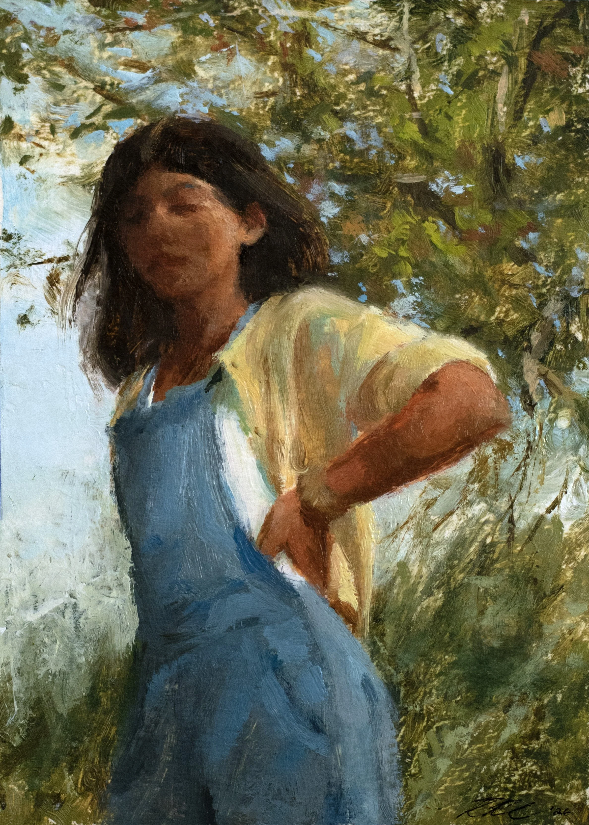 An oil painting of a girl with tan skin and short black hair, wearing overalls and a sunny yellow cardigan  stands under a tree in the dappled light there