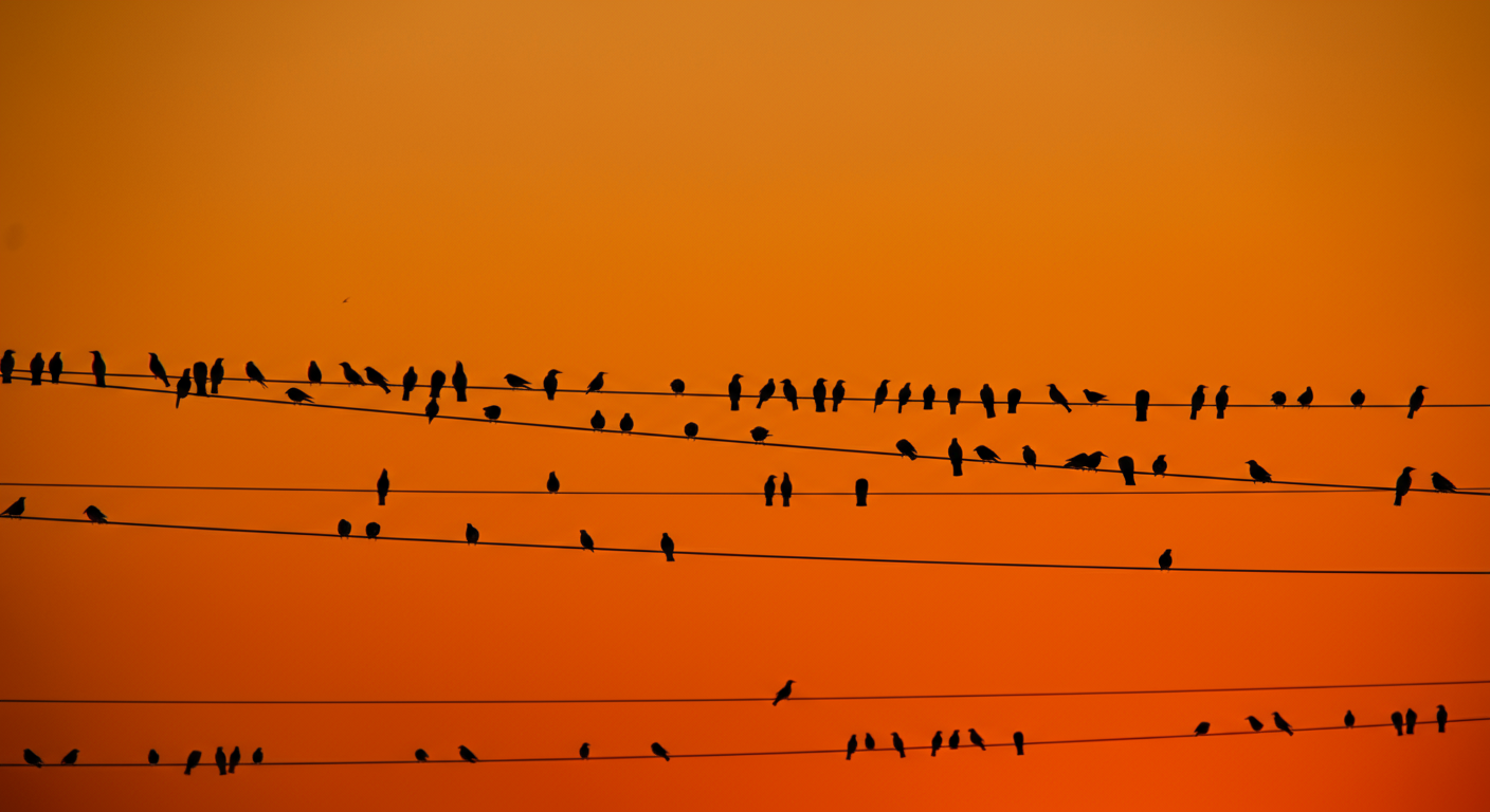 Silhouetted birds sitting on power lines against an orange sunset sky.