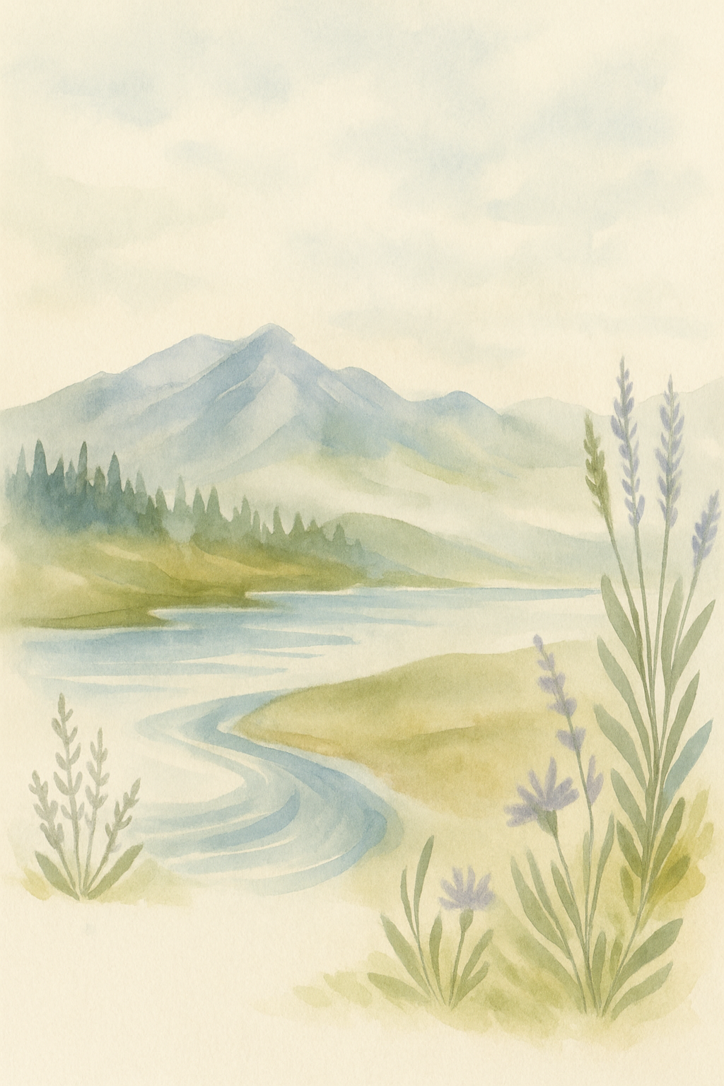 Watercolor painting of mountains, a winding river, and wildflowers in the foreground.