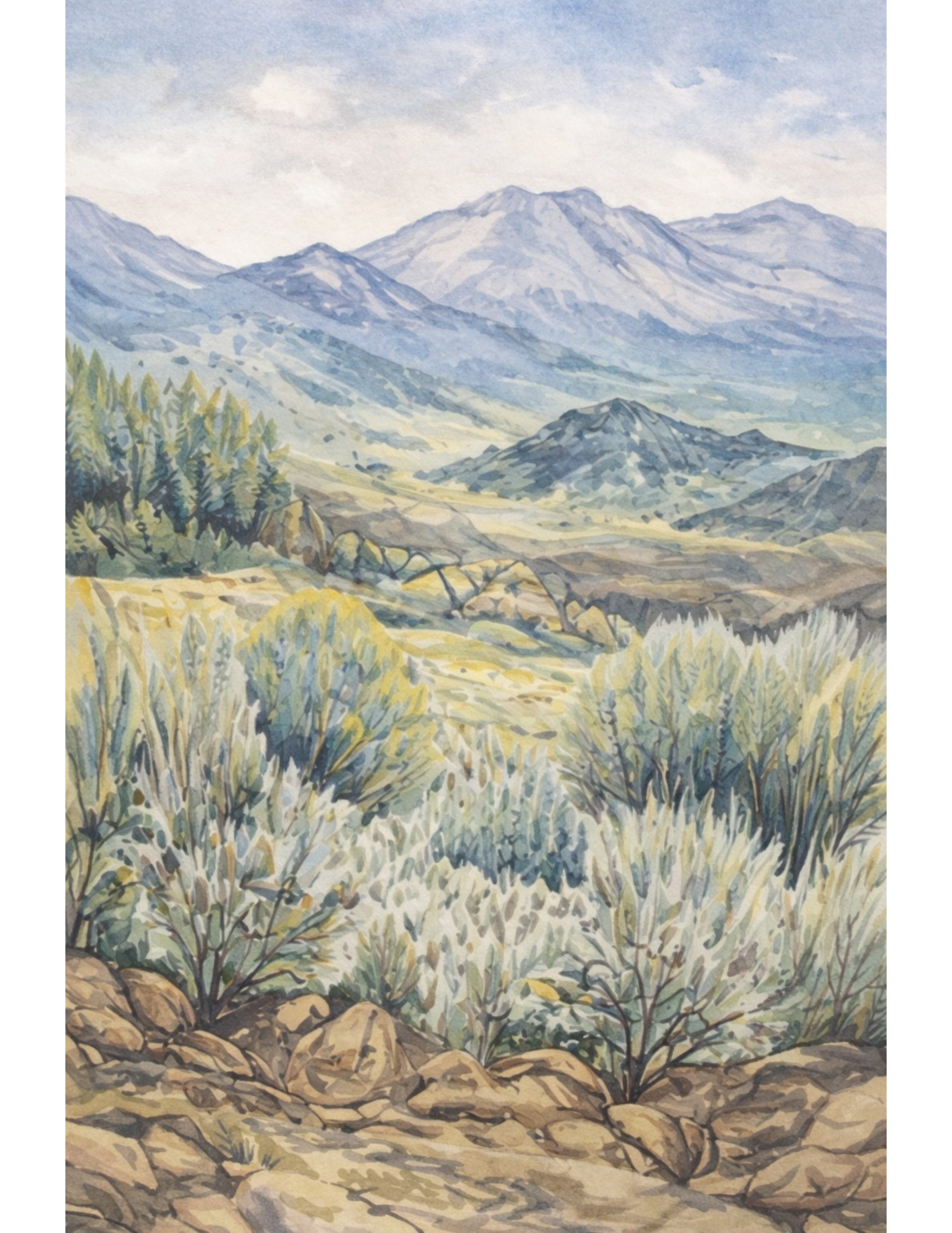 A watercolor painting of a mountain landscape with tall mountains in the background, grassy hills, dense bushes in the foreground, and rocks along a pathway