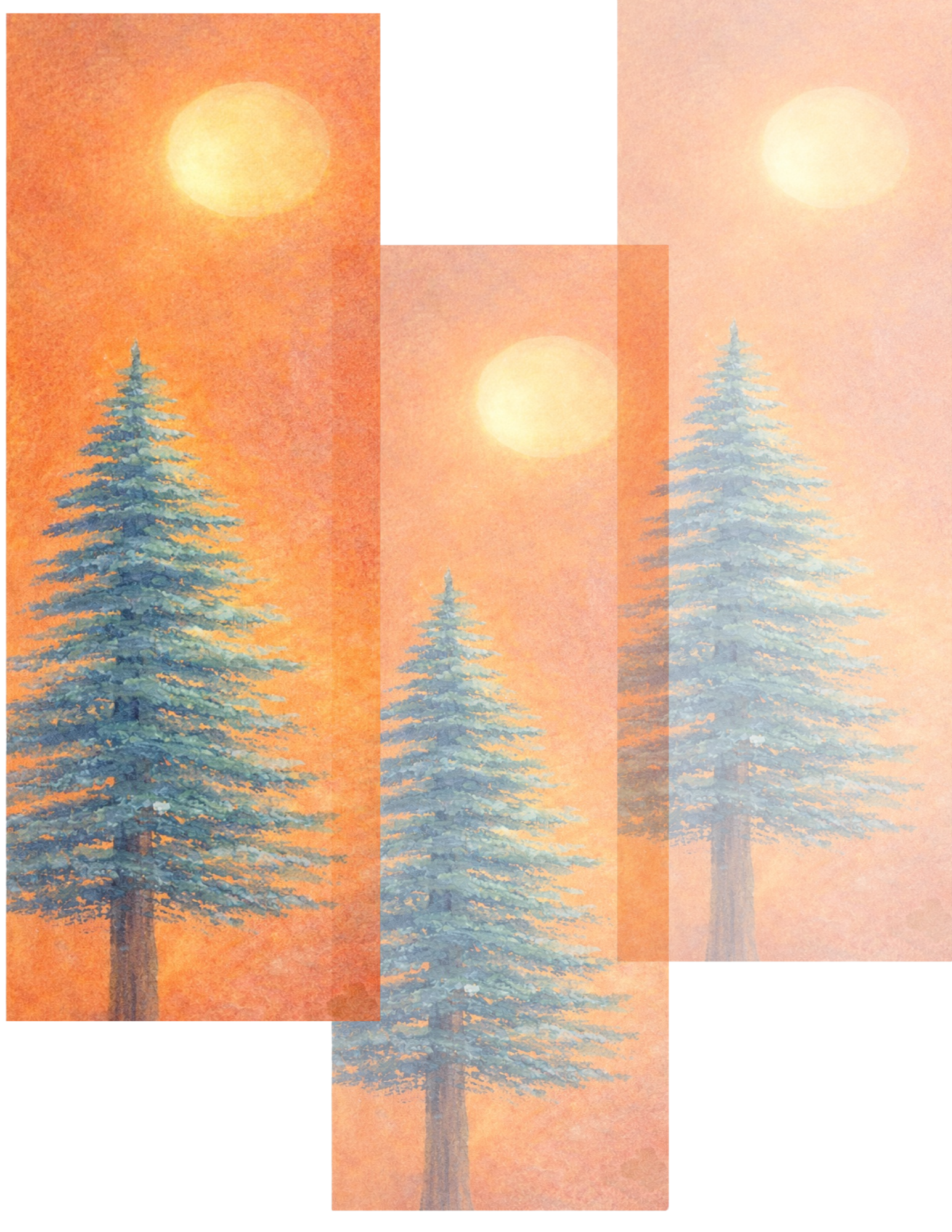Watercolor painting of three pine trees under an orange sky with three suns.
