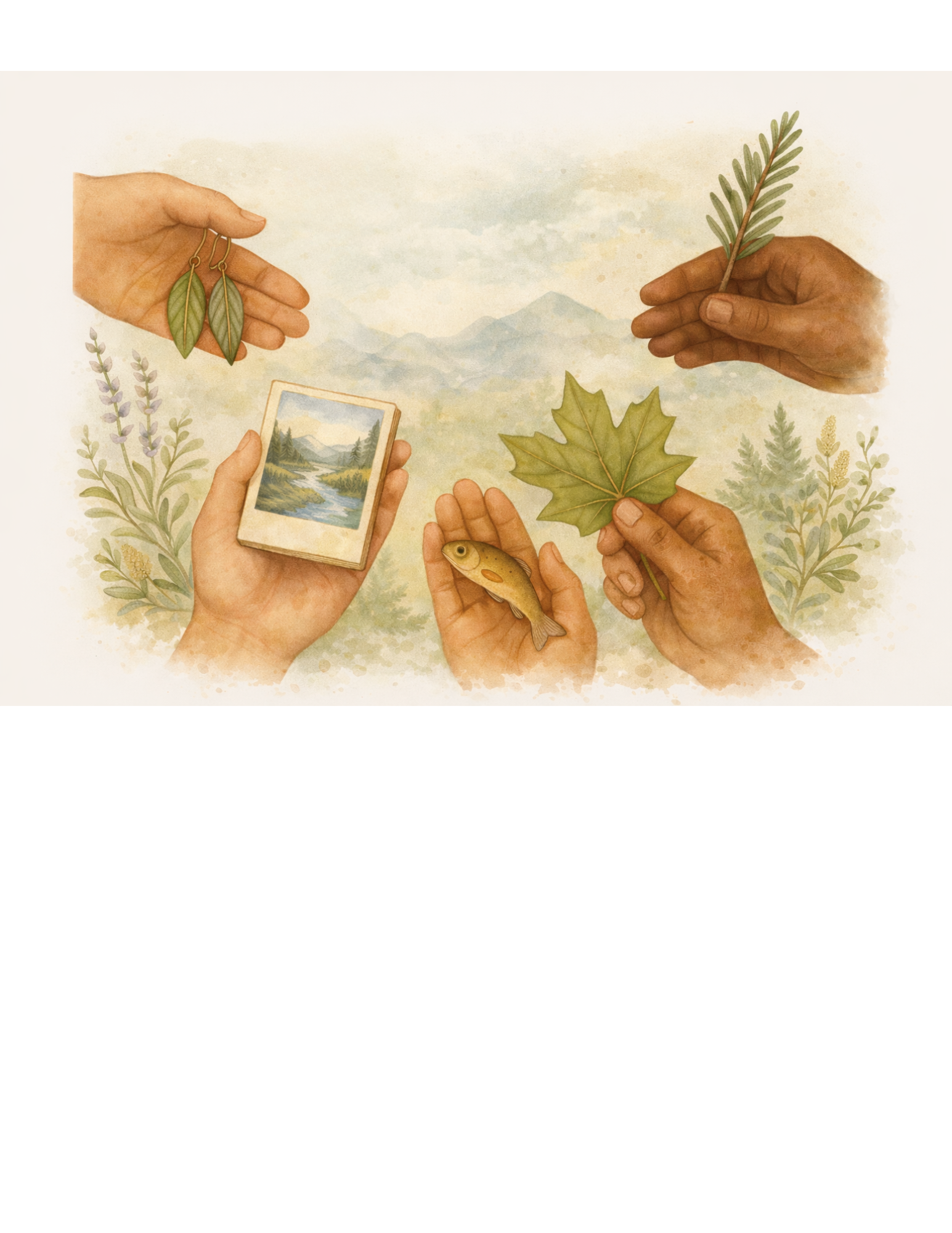 Illustration of hands holding various nature items: a pair of leaf earrings, a photograph of mountains and a river, a fingered fish, a maple leaf, and a fern branch, with a background of mountains and trees.