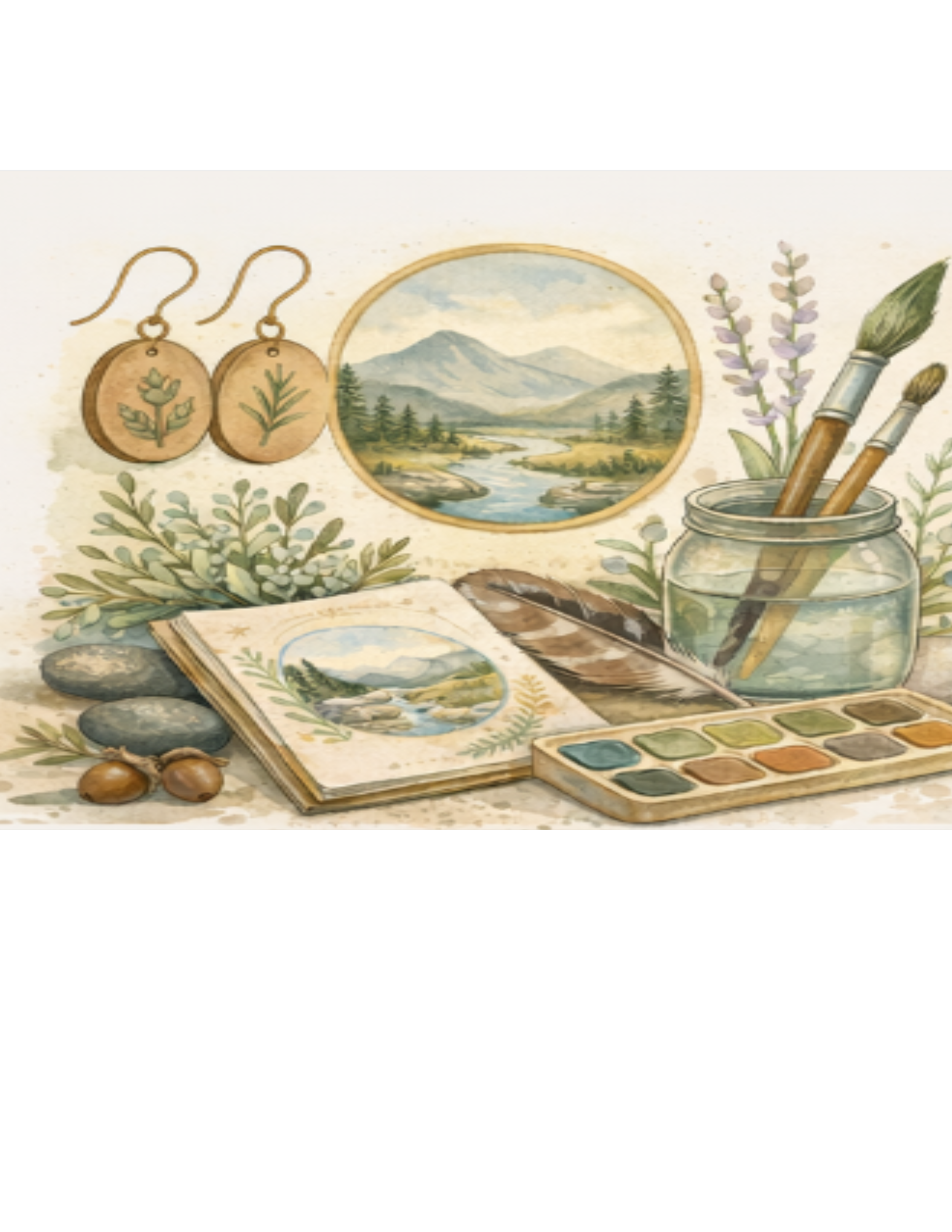Watercolor painting of art supplies and nature scene, including mountain landscape, watercolor set, paintbrushes in jar, earrings with plant designs, and decorative stones and leaves.