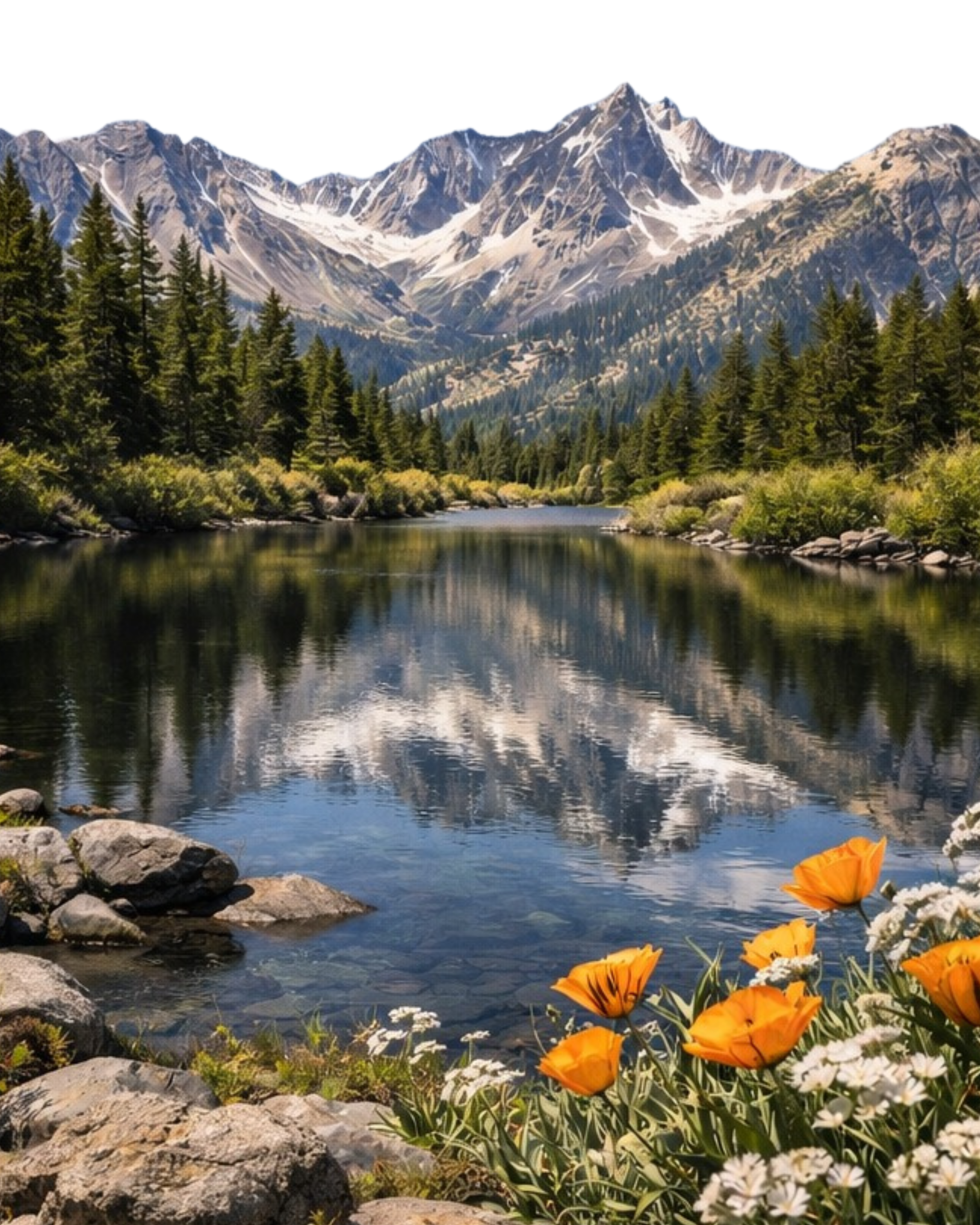 A scenic mountain landscape featuring snow-capped peaks, dense evergreen forests, a calm reflective lake, and vibrant orange and white wildflowers in the foreground.