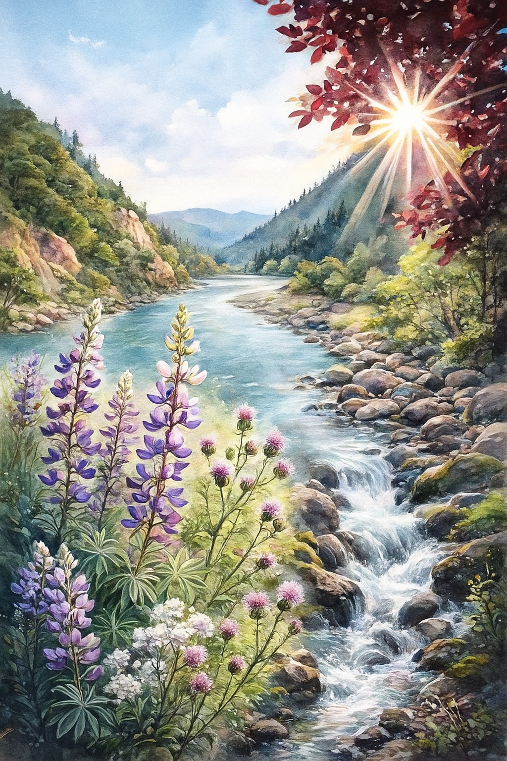 A painting of a serene mountain river flowing through lush green trees and colorful wildflowers, with sunlight shining through the red leaves of a tree on the right.