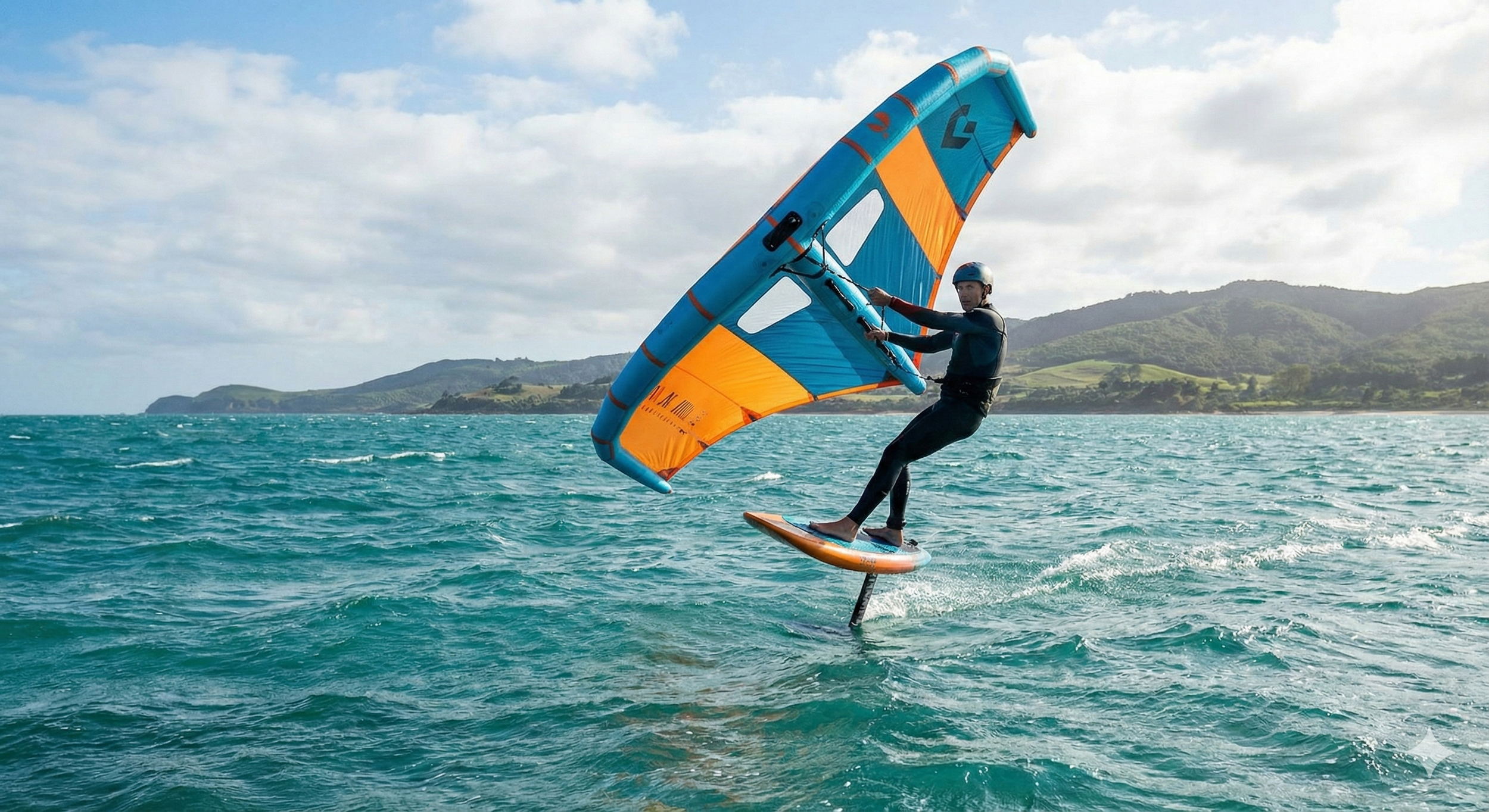 A man appears to be windsurfing with a hydrofoil on the ocean, with a scenic coastline and hills in the background.