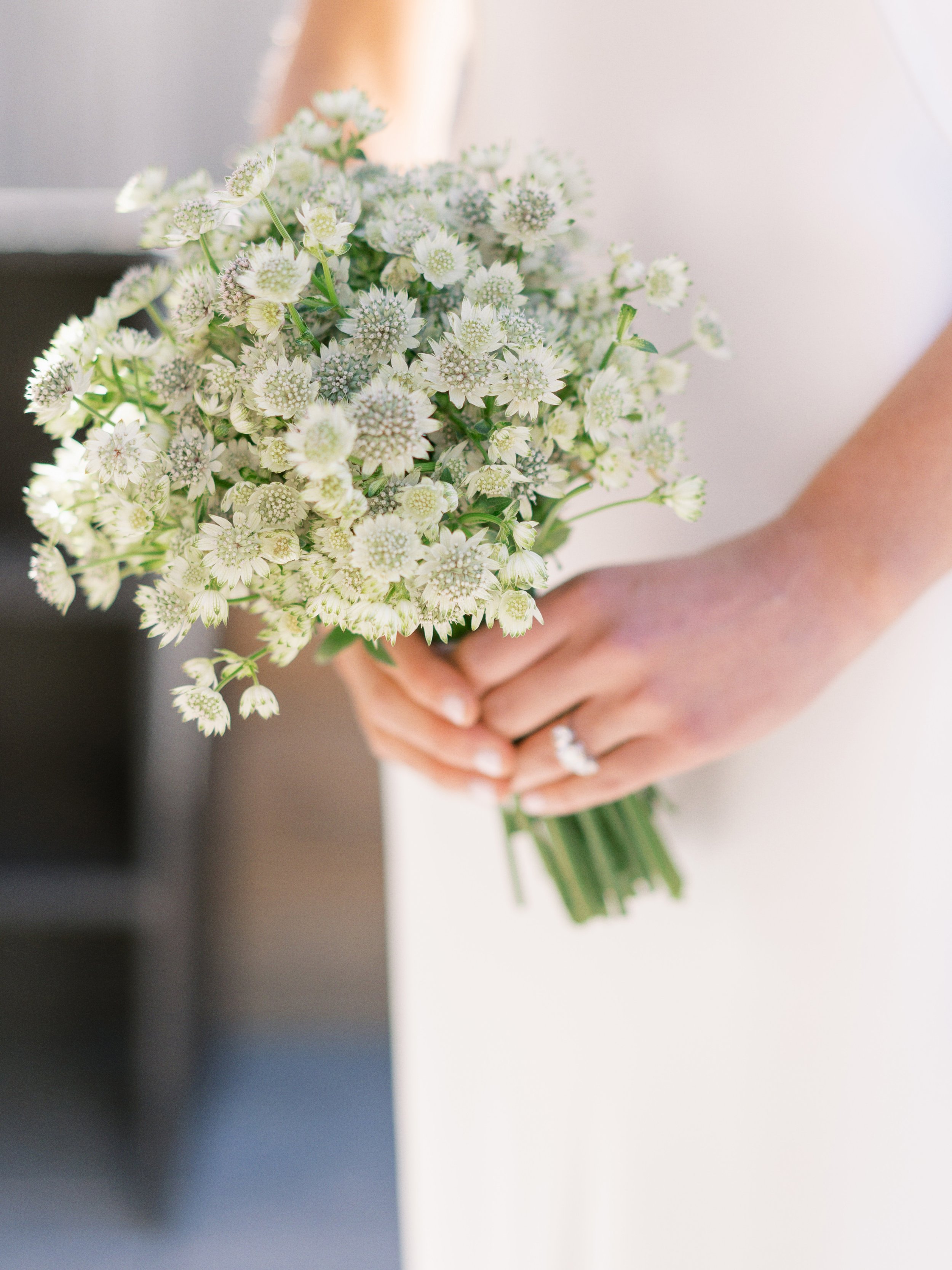 A close-up of a person holding a bouquet of small white and green flowers.
