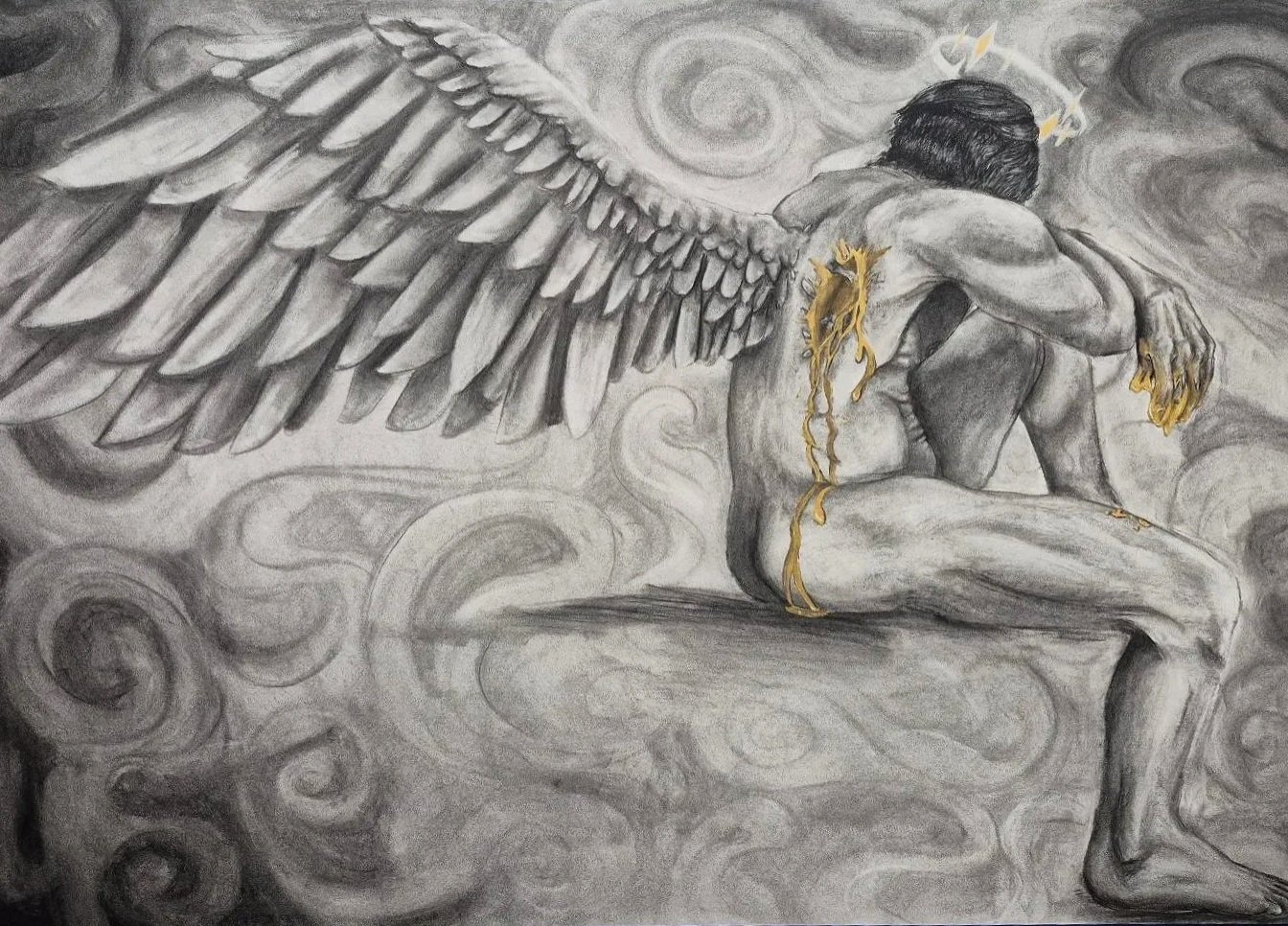 "Self Destruction" - Charcoal & gold ink, 2024