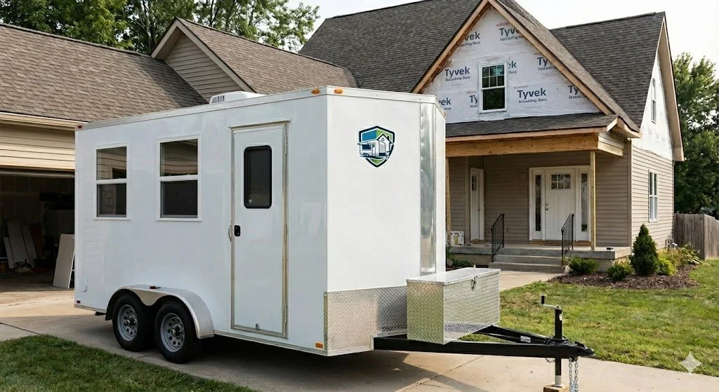 A white mobile food trailer parked in front of a house under construction, with a garage on the left.
