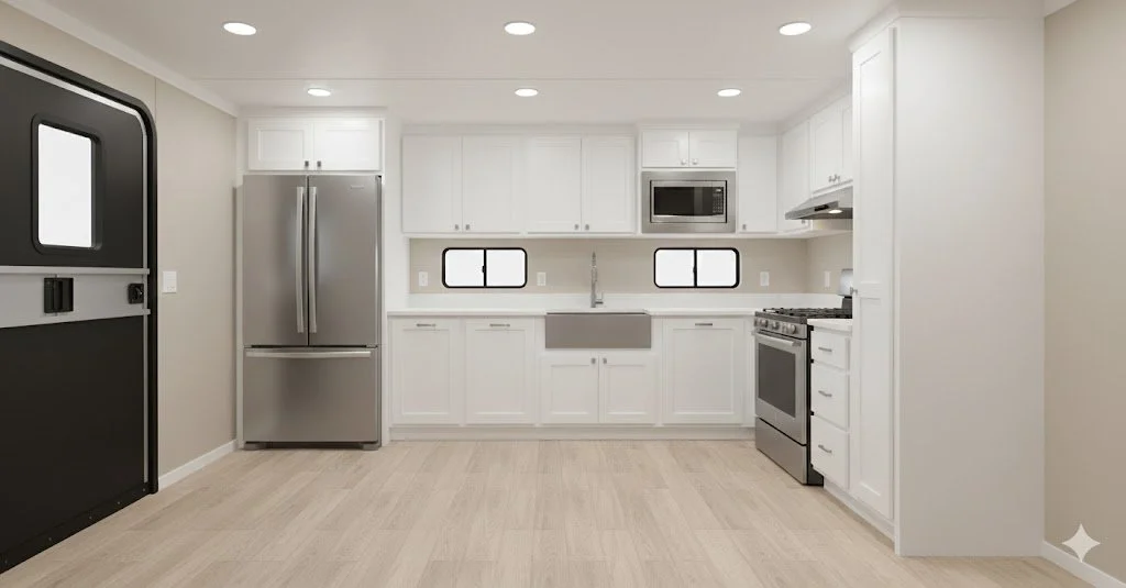Modern kitchen with white cabinets, stainless steel refrigerator, microwave, oven, and a farmhouse-style sink, illuminated by recessed ceiling lights.