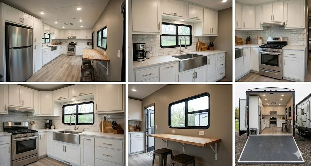 Interior views of a modern, fully-equipped kitchen inside a tiny home or RV with white cabinets, stainless steel appliances, and wood accents.