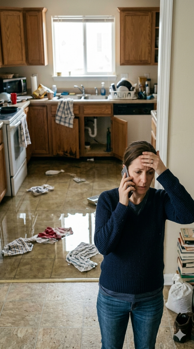 A woman talking on the phone in a cluttered kitchen with laundry on the floor and a distressed expression.