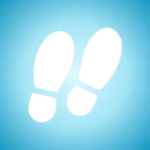 White footprints on a blue background indicating a walking path.