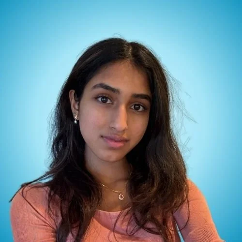 Portrait of a young woman with long dark hair, wearing a pink top and small earrings, against a light blue background.