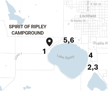 Map showing the location of Spirit of Ripley Campground near Lake Ripley, with numbered points 1, 2, 3, 4, 5, and 6 which direct to nearby attractions.