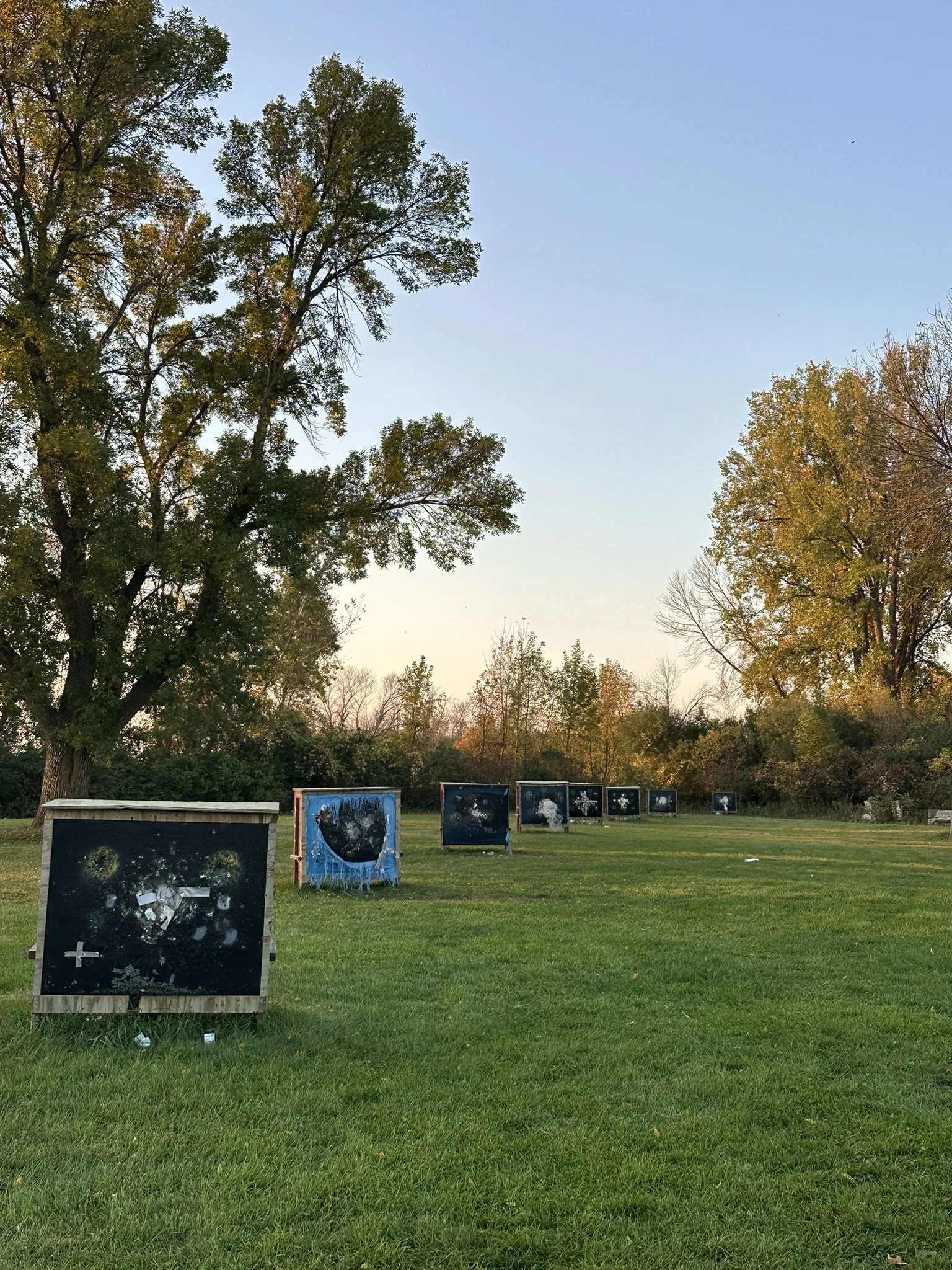Outdoor archery park with multiple targets, set on a grassy field with trees and a clear sky in the background.