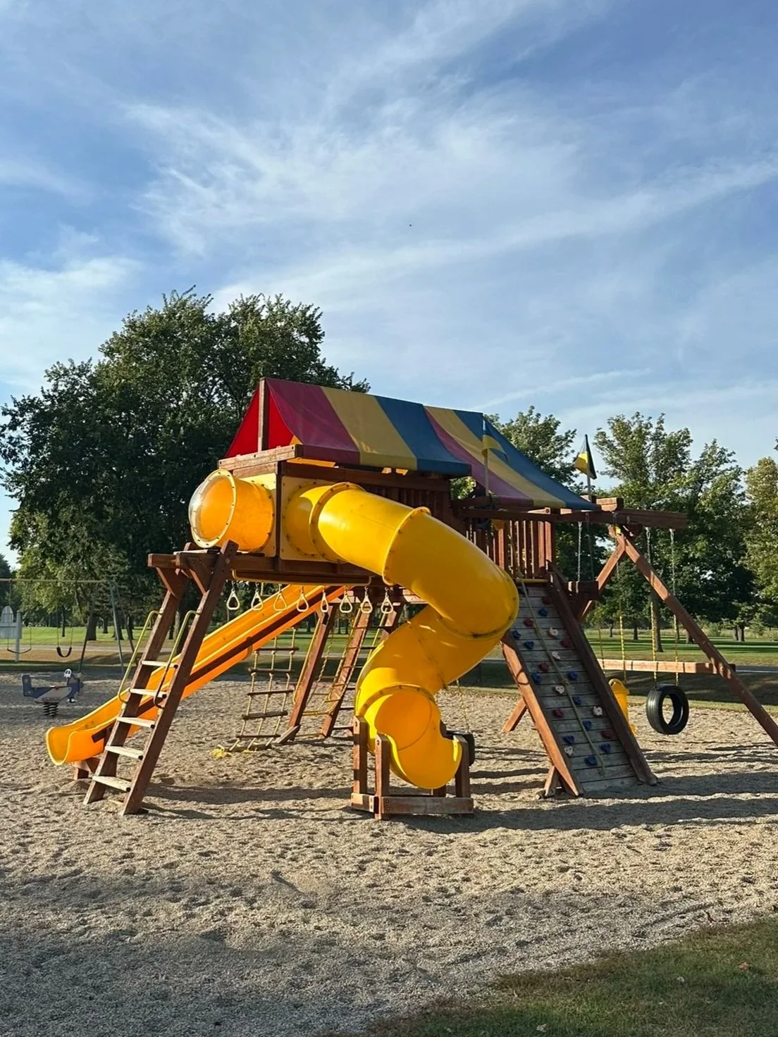 Colorful playground structure with slides, rope ladders, a climbing wall, and a canopy in a park.