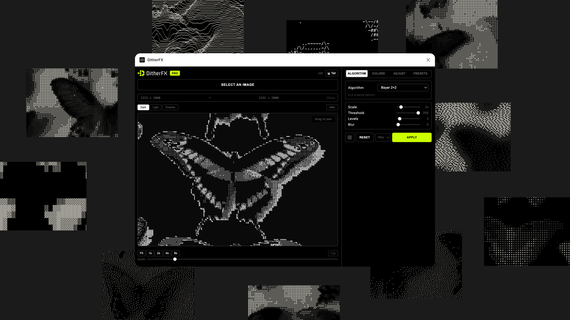 DitherFX plugin interface inside Figma showing algorithm selection and real-time preview