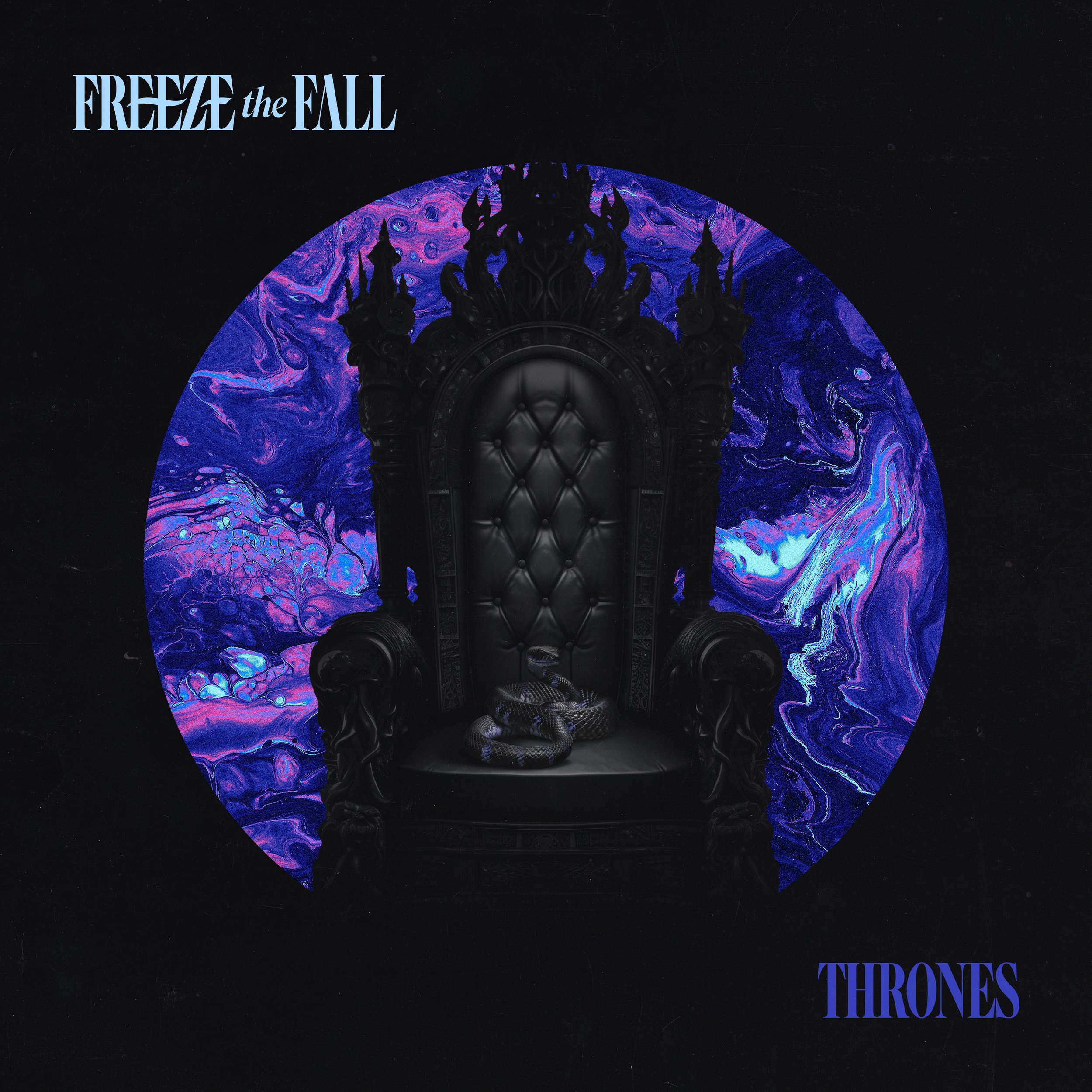 A dark Gothic throne with snakes resting on its seat, set against a vibrant swirling purple and blue abstract background. The words "FREEZE the FALL" are in the top left corner, and "THRONES" is in the bottom right corner.