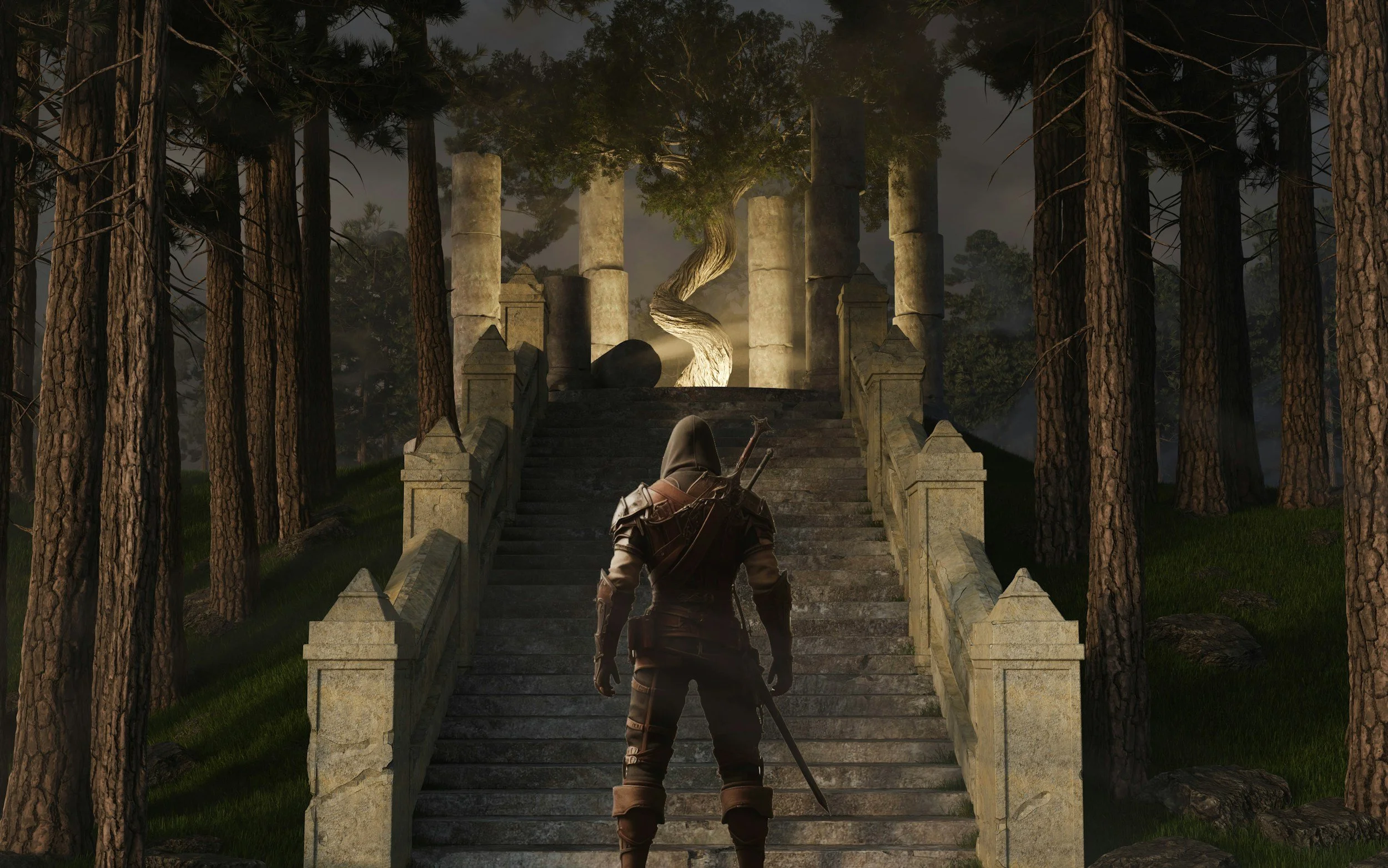 A hooded figure with a sword on their back stands at the bottom of stone stairs in a dark forest, looking towards an ancient stone structure with columns and a twisted tree at the top, illuminated by a mysterious light.