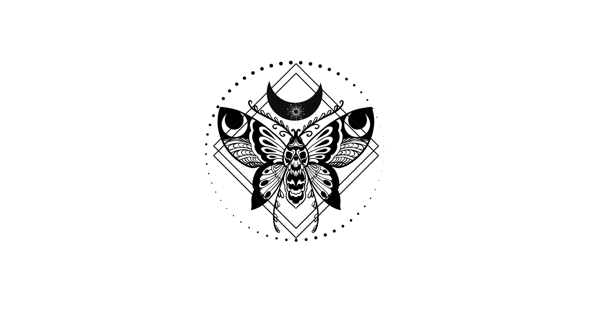 Black and white tattoo-style illustration of a moth with a skull on its head, surrounded by geometric shapes and crescent moons.