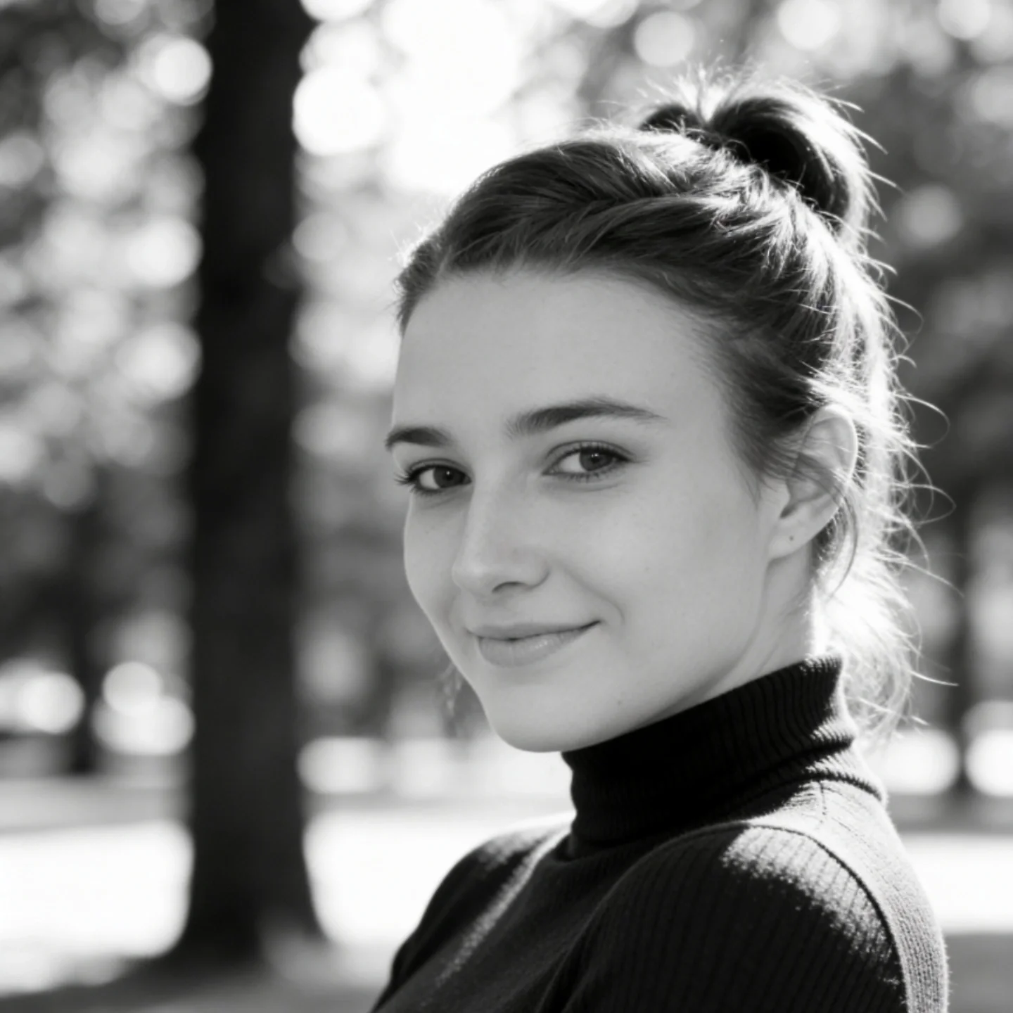 Black and white photo of a young woman with a friendly smile, looking over her shoulder outdoors, with blurred trees in the background.