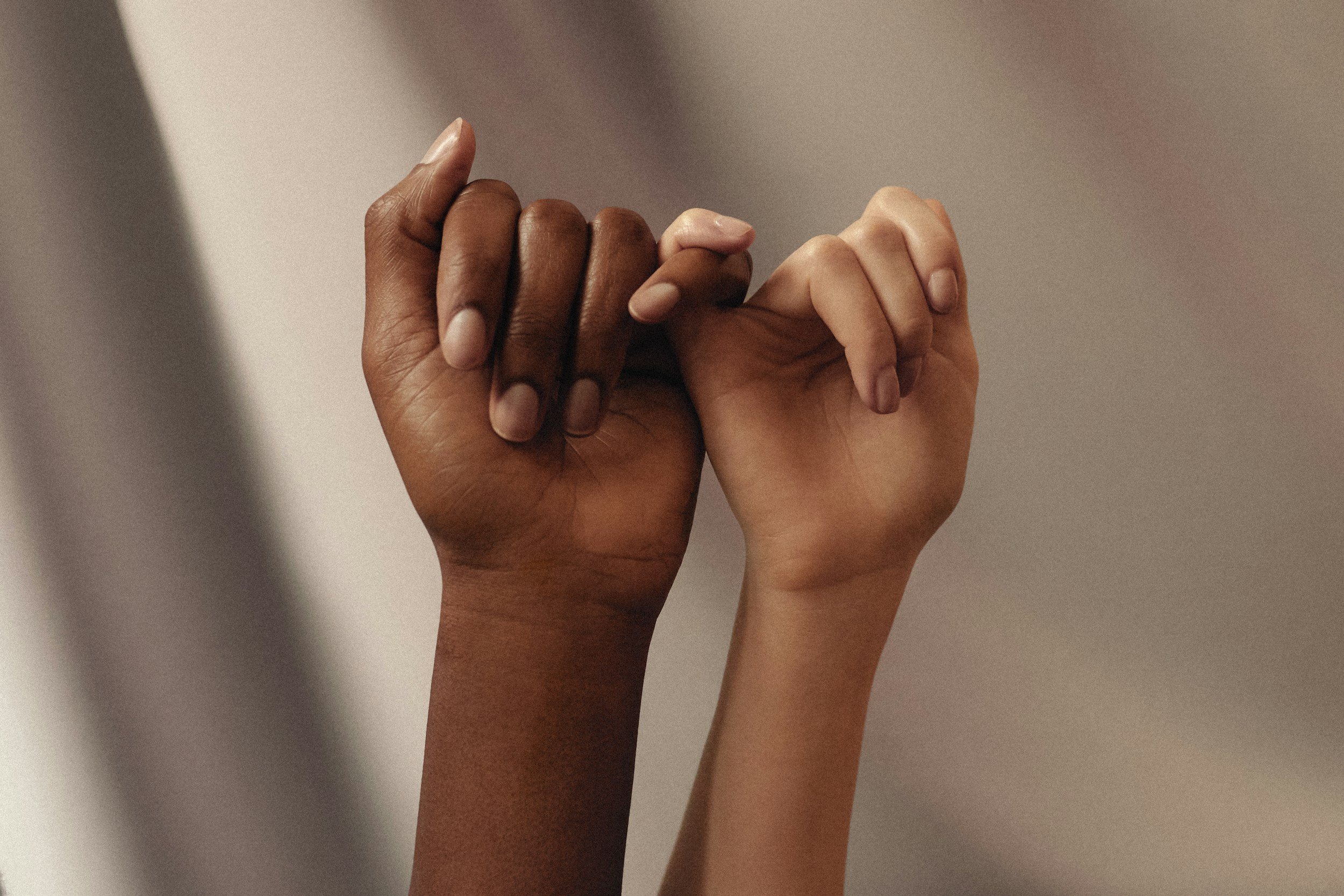 Two hands, one with darker skin and one with lighter skin, intertwined in a display of unity and solidarity.