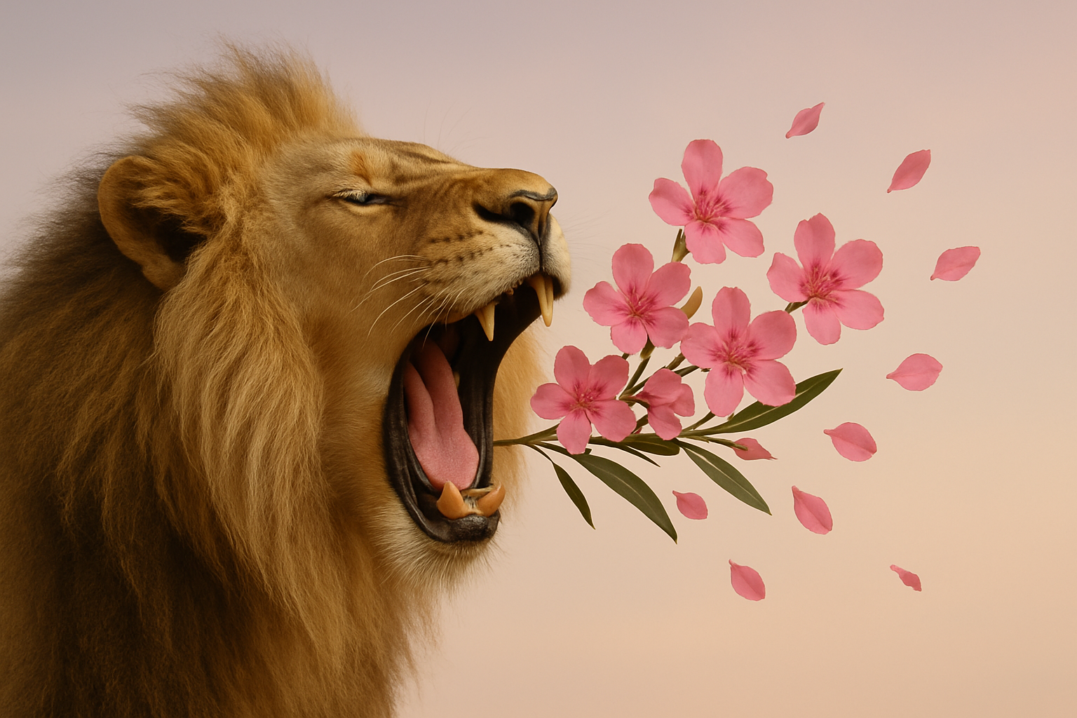 A lion with its mouth open, appearing to roar, with pink flowers and petals coming out of its mouth.