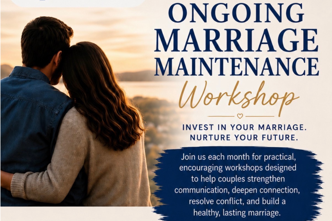 A couple embracing and looking at a sunset over a body of water, promoting a workshop on ongoing marriage maintenance.