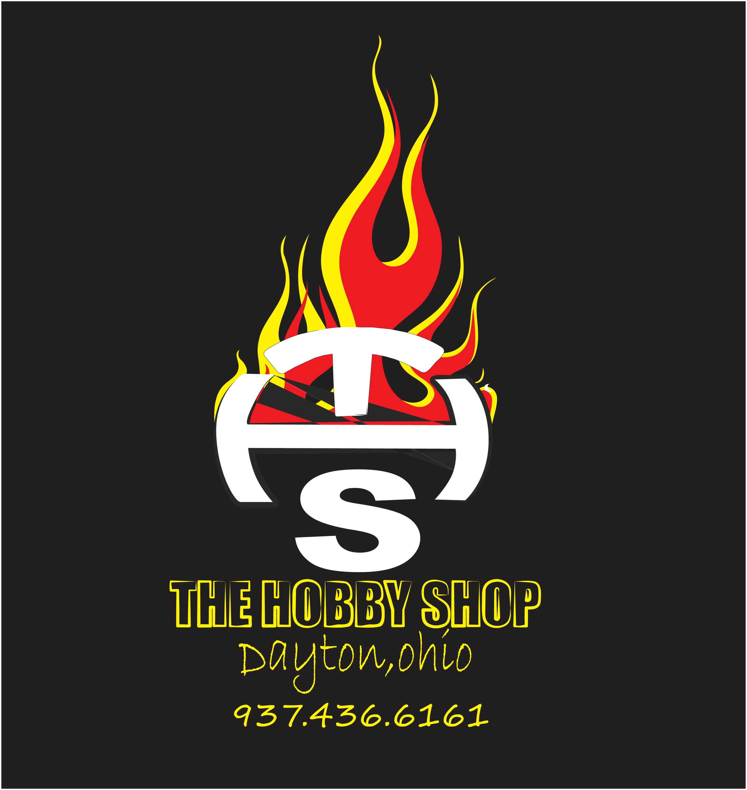 Logo for The Hobby Shop in Dayton, Ohio featuring stylized flames and bold text with contact number.