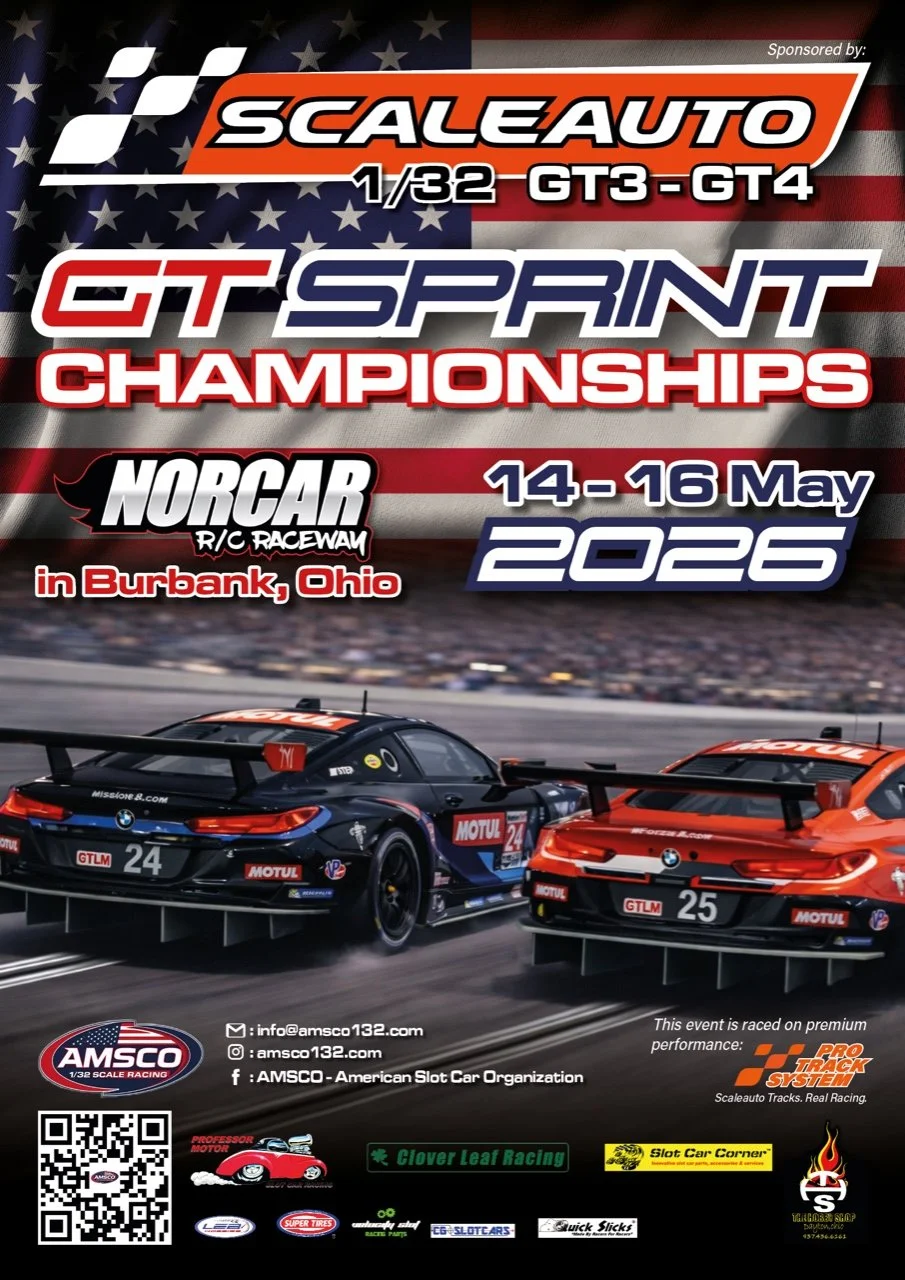 Poster for the 2026 Scaleauto GT Sprint Championships featuring race cars, dates May 14-16, 2026, at Norcar R/C Raceway in Burbank, Ohio. The poster includes logos, event details, and sponsor information.