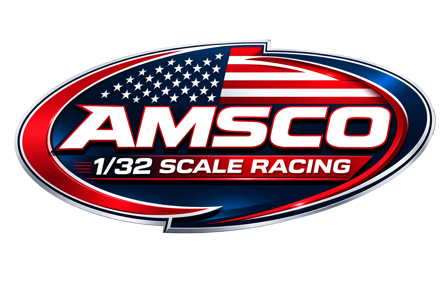 Logo for AMTSO 1/32 scale racing with an American flag and patriotic colors.