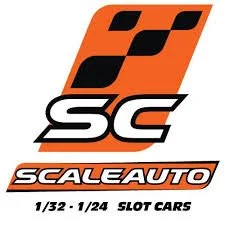 SC Scaleauto logo with orange and black checkered flag, featuring text about slot cars and scale sizes