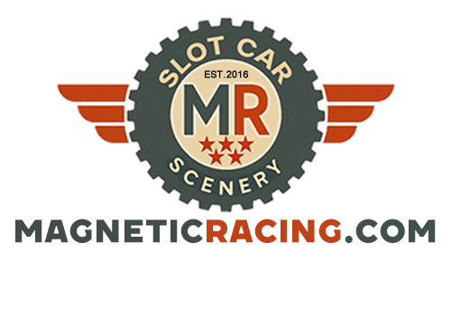 Logo for Magnetic Racing featuring a gear-shaped emblem, wings on both sides, and the text 'Slot Car MR Scenery EST. 2016' in the center.
