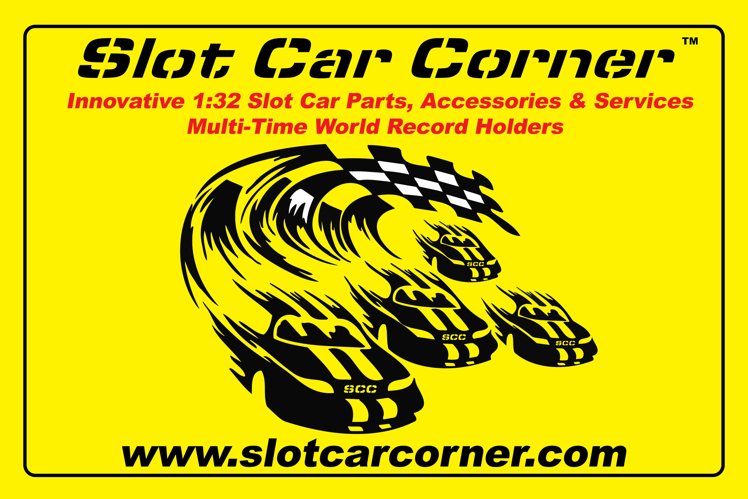 Yellow advertisement for Slot Car Corner featuring three black slot cars and a checkered flag, with red and black text promoting slot car parts and accessories.