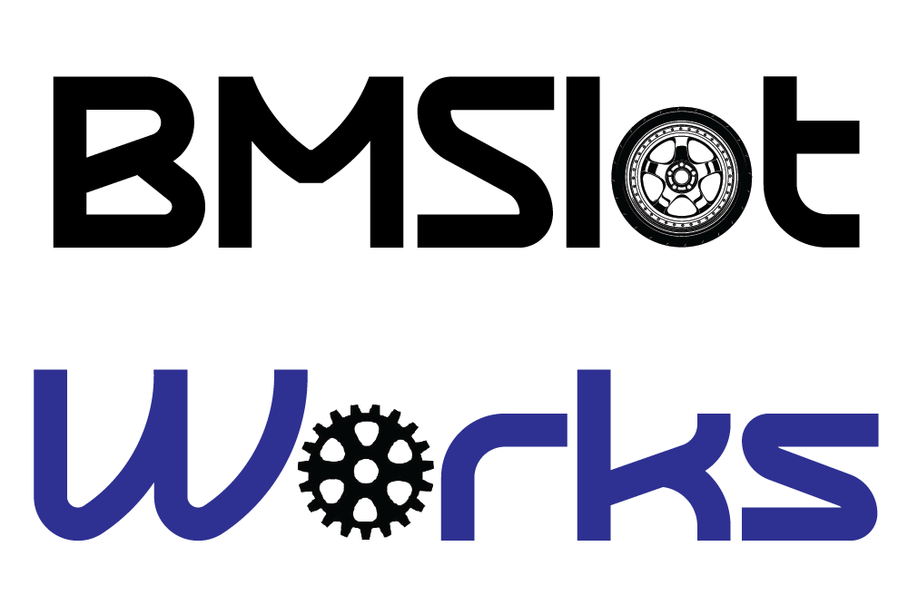 Logo for BMSlot Works featuring a tire image and stylized text.