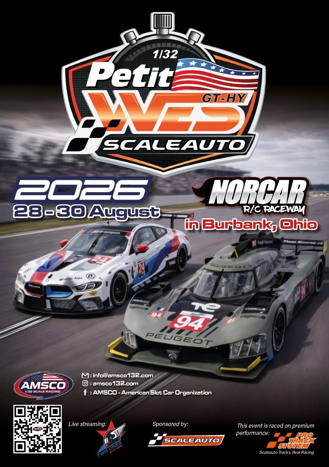 Poster for an RC car racing event from August 28 to 30, 2022, at Norcar R/C Raceway in Burbank, Ohio. Features two RC race cars on a track, with event details, organization logos, and sponsorship information.