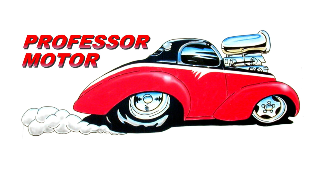 Illustration of a red drag racing car with the words 'Professor Motor' in red, bold, italic lettering.