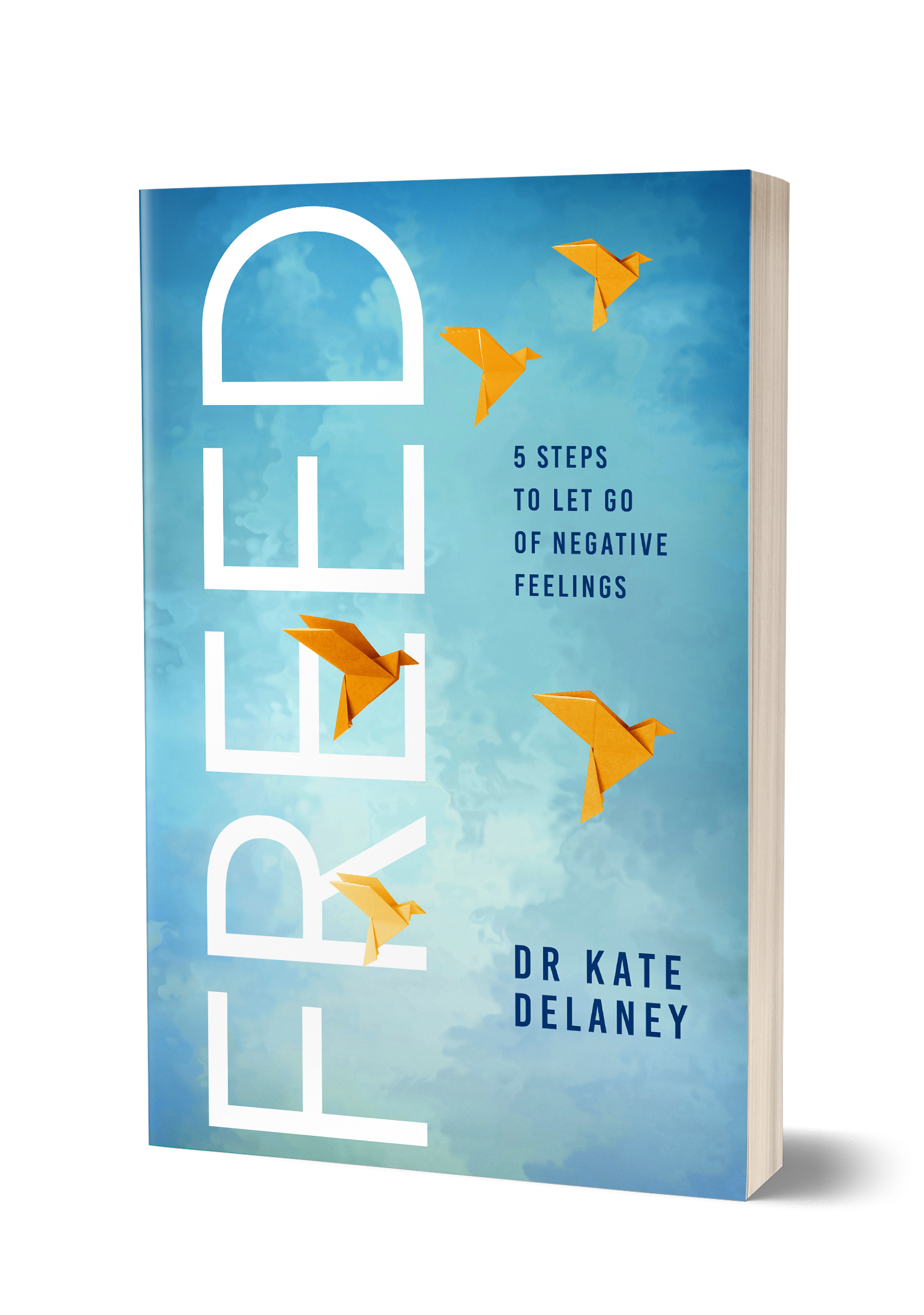 Book titled 'RELEASE' by Dr. Kate Delaney, with a blue sky and clouds background, and four origami orange birds flying.