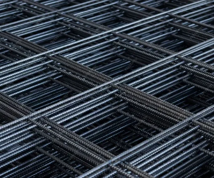 Close-up of steel rebar grid used for construction reinforcement.