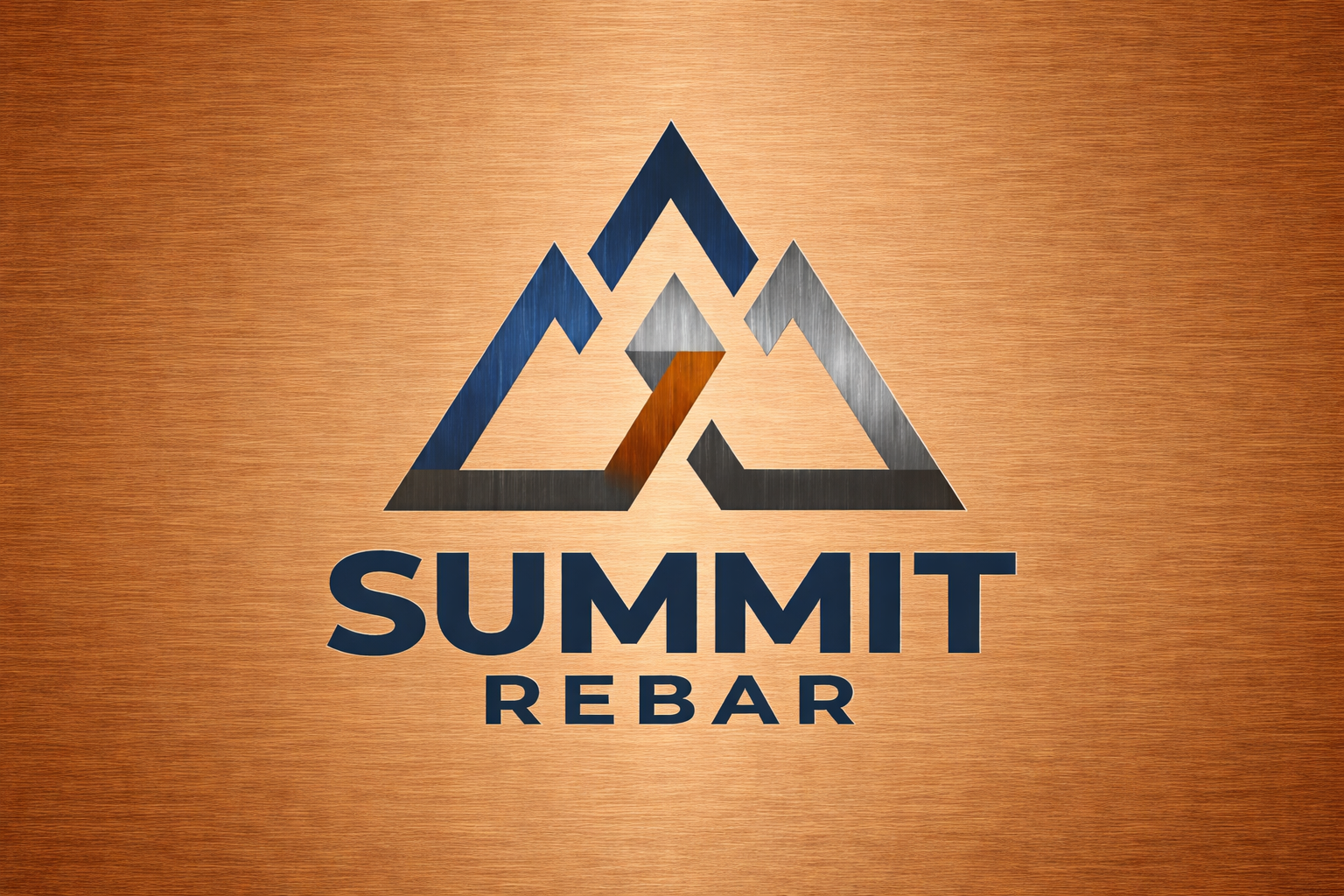 A wooden textured background with a mountain-shaped logo made of metallic colors, featuring the words 'SUMMIT REBAR' below it.