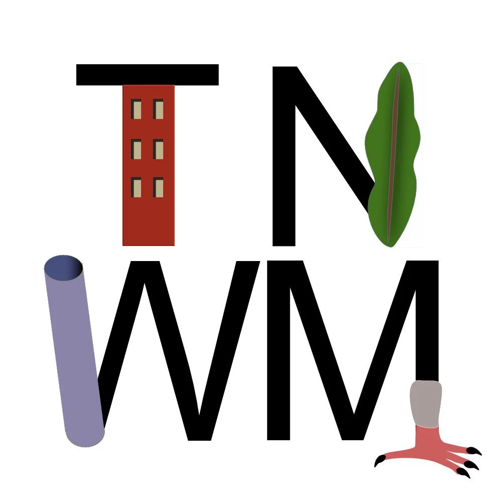 The Nature We Make logo (TNWM). Letter T with a red building as the vertical part, the letter N with a green leaf as the right leg, W with a pipe on the left, and an F with a pigeon's foot at the bottom.
