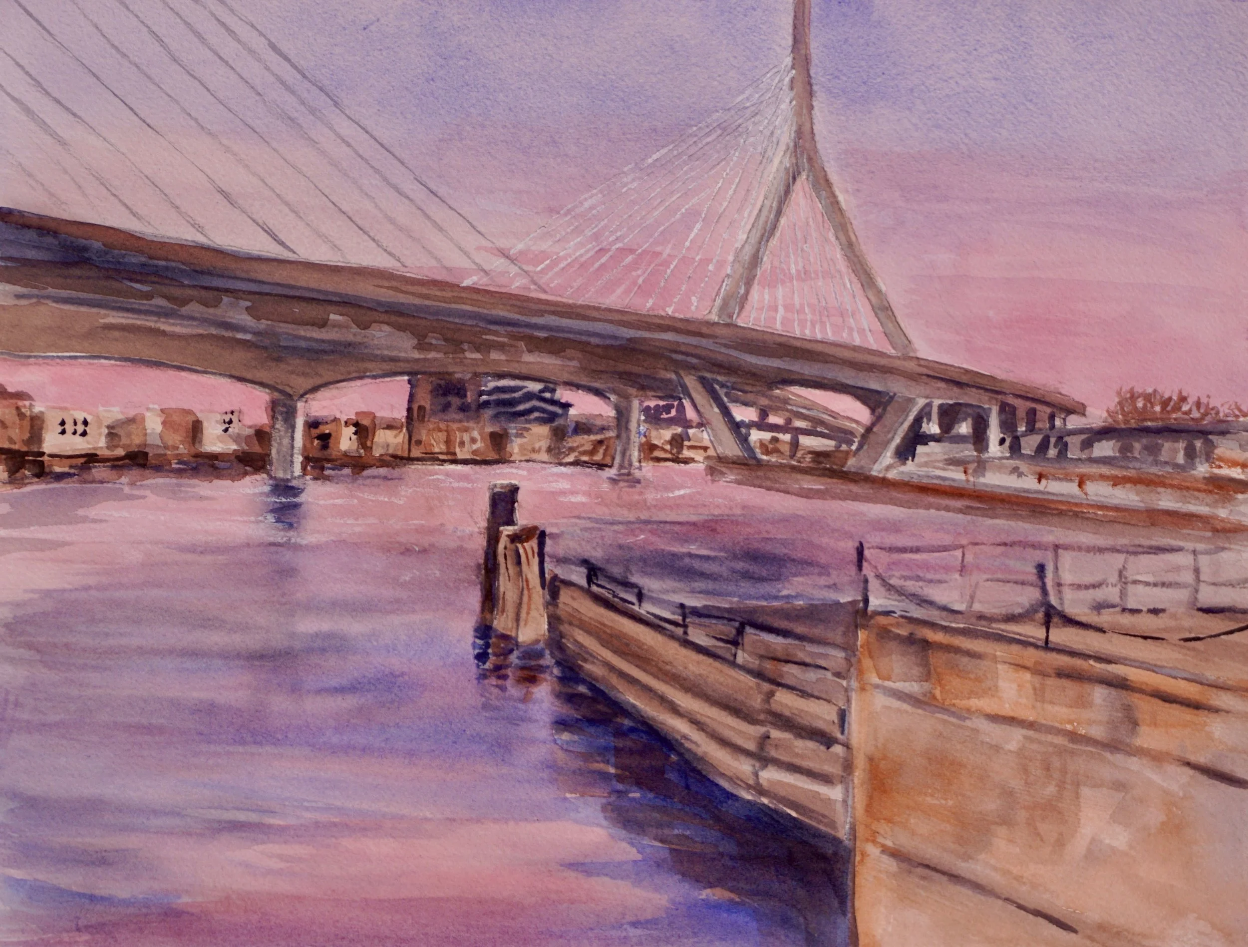 A watercolor painting of a bridge over a river at sunset with a pink and purple sky.