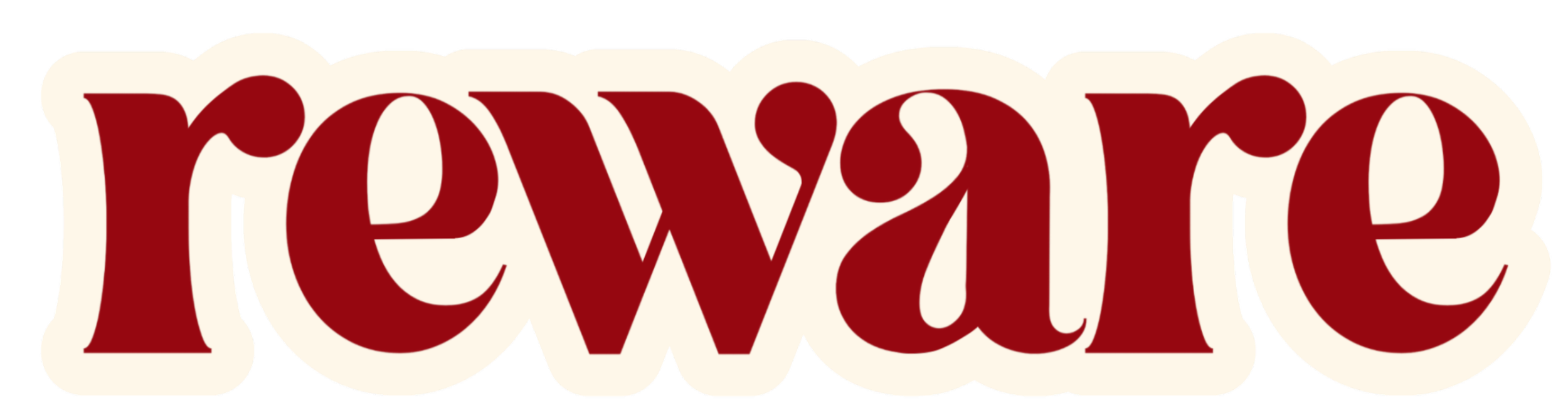 Decorative sign with the word 'reware' in red, stylized font on a beige background.