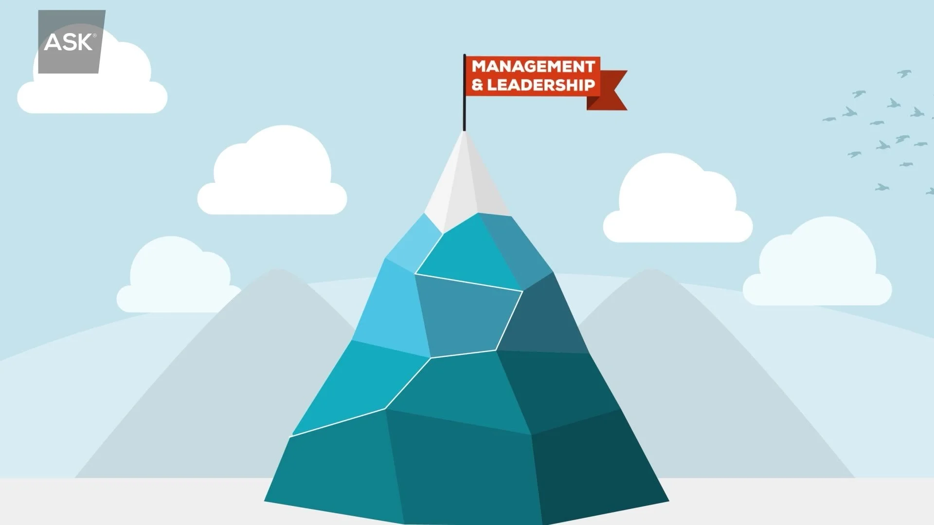 Management and leadership summit flag on an illustrated mountain