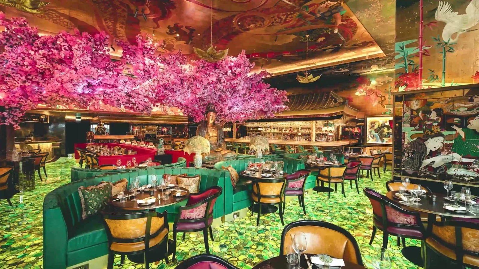 Restaurant interior with a blossom-tree installation made by Unibox, from the Unibox brand film